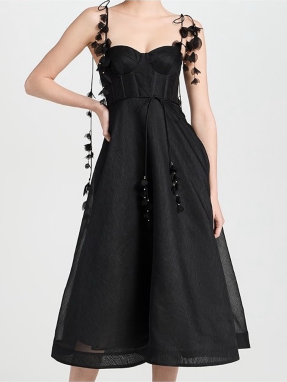 Zimmermann Black Midi Dress with Tie-Shoulder Floral Details